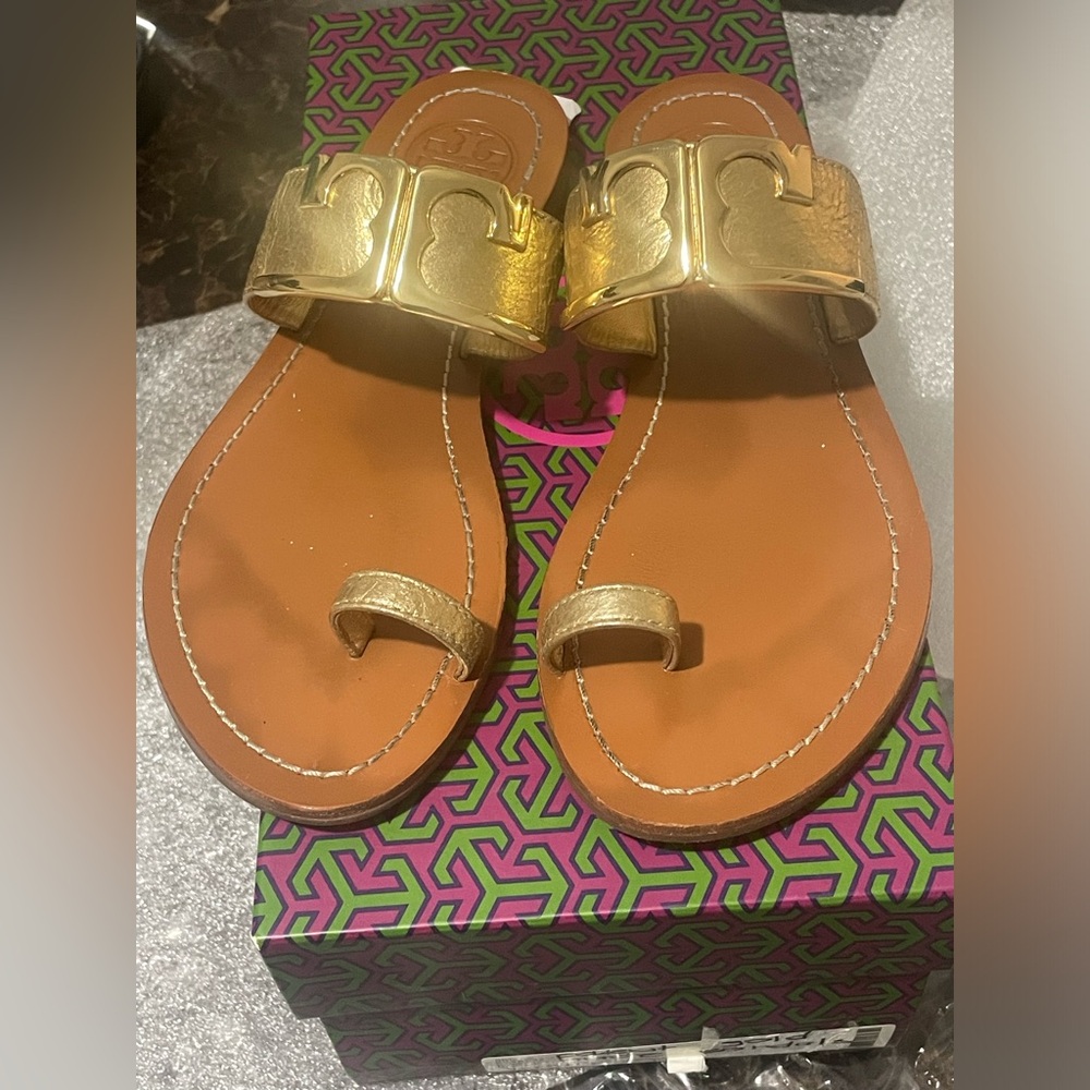 Tory Burch Women's Marcia Size 5 Gold Metallic Toe Ring Leather Sandals